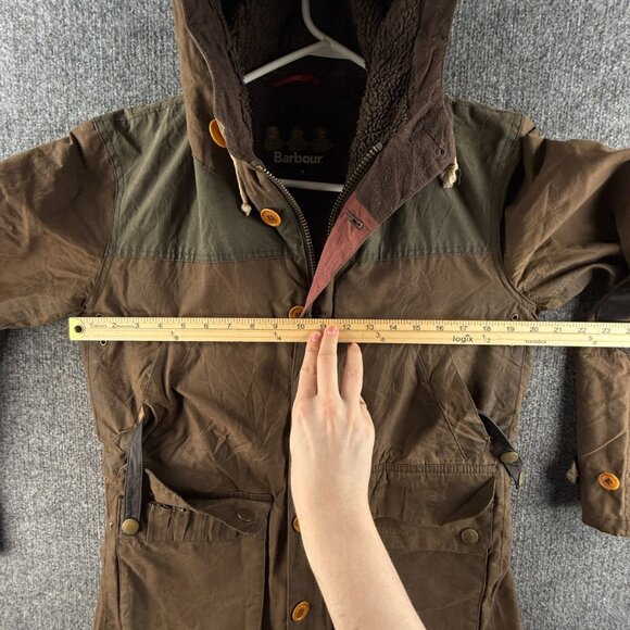 Barbour GAME PARKA Waxed Jacket Fleece Lined Small Brown Green Hooded Winter - Picture 8 of 16